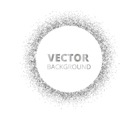 Festive silver sparkle background. Glitter border, circle spotted frame. Vector dust, diamonds on white.のイラスト素材