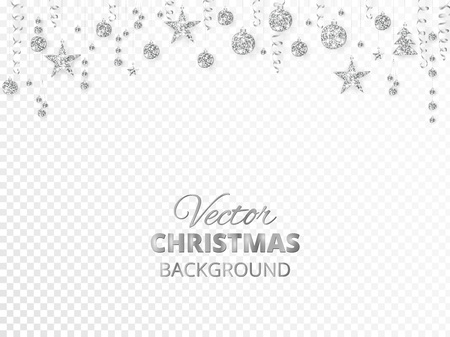 Sparkling Christmas glitter ornaments isolated on transparent background. Silver fiesta border. Festive garland with hanging balls and ribbons. Great for New year party posters, website headers.のイラスト素材