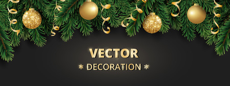 Winter holiday background. Border with Christmas tree branches. Garland, frame with hanging baubles, streamers. Great for Christmas, New year cards, banners, headers, party posters.のイラスト素材