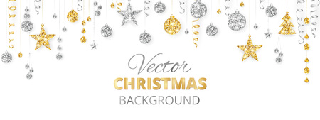 Holiday banner with sparkling Christmas glitter ornaments. Gold and silver fiesta border, garland with hanging balls and ribbons isolated on white. Great for New year party posters, headers.のイラスト素材