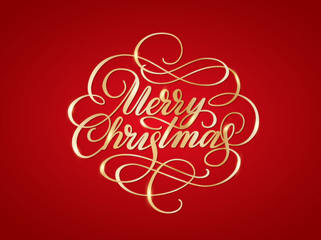 Shiny golden Merry christmas lettering with swirls. Hand drawn text over red background. Retro style calligraphy for your design. Eps10 vector illustrationのイラスト素材