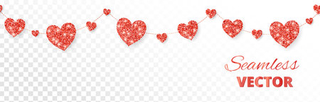 Red hearts frame, seamless border. Vector glitter isolated on white. For decoration of Valentine and Mothers day cards, wedding invitationsのイラスト素材