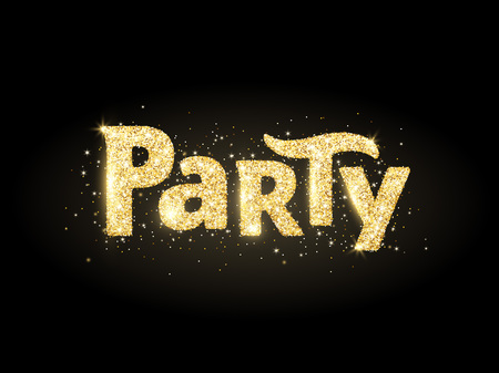 Party word, glitter banner with typography. Sparkles on black background, golden vector dust. Great for Christmas and New Year, birthday and wedding party invitations, club posters.のイラスト素材