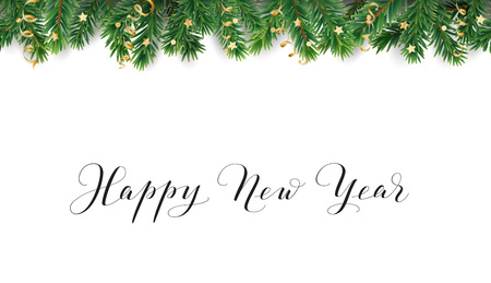 Happy New Year calligraphy. Christmas tree frame, seamless garlandのイラスト素材