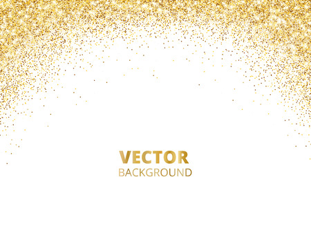 Sparkling glitter border, frame. Falling golden dust isolated on white background. Vector gold arch decoration. For wedding invitations, party posters, Christmas, New Year and birthday cards.のイラスト素材