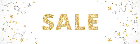 Sale banner with golden glitter text. Festive decoration with ribbons, stars and confetti. Celebration frame, border. Sparkling sale typography. Vector.のイラスト素材