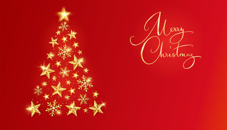 Christmas banner with golden glitter Christmas tree on red background. Sparkling fir tree made of stars and snowflakes. Merry Christmas calligraphy, text. For holiday cards, party posters. Vector.のイラスト素材