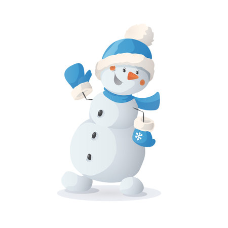 Cartoon snowman illustration. Winter holidays character isolated on white background. Funny cute frosty snow man waving and smiling. Retro style vector. For design of Christmas and new year cards.のイラスト素材