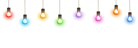 Light bulb garland, isolated vector decoration. String of colorful Christmas lights. Illuminated holiday border, glowing lamps frame. For wedding or birthday cards, New Year banners, party posters.のイラスト素材