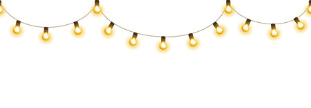 Light bulb garland, isolated vector decoration. String of golden Christmas lights. Illuminated holiday border, glowing lamps frame. For wedding or birthday cards, New Year banners, party posters.のイラスト素材