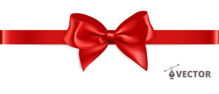 Banner with gift bow. Red ribbon isolated. Gift card design template. Vector holiday decoration. Great for christmas and birthday cards, sale banners. Easy to change colors and reposition the bow.のイラスト素材