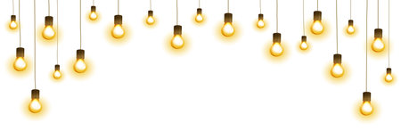 Light bulb garland, isolated vector decoration. String of golden Christmas lights. Illuminated holiday border, glowing lamps frame. For wedding or birthday cards, New Year banners, party posters.のイラスト素材