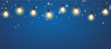 Holiday background. Shining light bulb garland, vector decoration. String of golden Christmas lights. Illuminated holiday border, frame. For wedding or birthday cards, New Year banners, party postersのイラスト素材