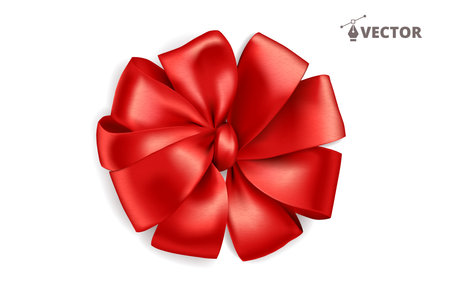 Realistic gift bow. Red ribbon isolated on white. Vector holiday decoration. Great for christmas and birthday cards, valentine or shopping sale banners. Easy to change colors.のイラスト素材