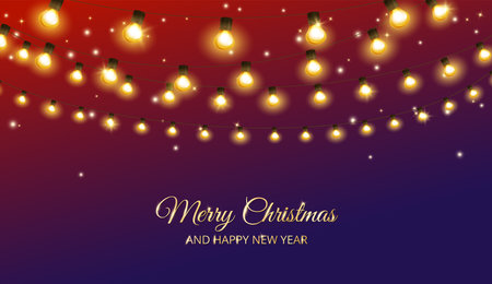 Merry Christmas holiday background. Shining light bulb garland, vector decoration. String of golden lights. Illuminated border, lamps frame. For New Year banners, party posters, flyersのイラスト素材