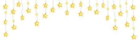 Glowing stars frame decoration isolated on white. Starry lights border. Holiday ornament vector illustration. Background for party posters, Christmas or birthday cards, wedding design.のイラスト素材