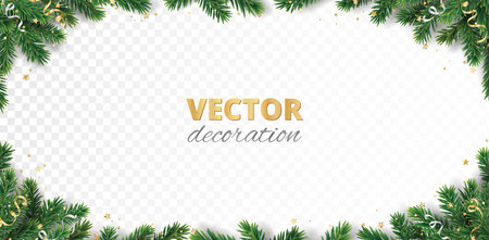 Christmas tree corner decoration isolated on white. Evergreen tree with ribbons and confetti. Festive border, frame. Realistic vector. For holiday headers, banners, party posters.のイラスト素材