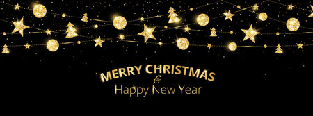 Vector Christmas banner with decorations. Merry Christmas and Happy New Year text. Sparkling golden ornaments on black background. Holiday frame, border. Glitter garland for headers, party posters.のイラスト素材