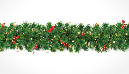 Christmas background with pine tree garland isolated on white. Red holly berry and gold confetti. Vector holiday decoration, frame. Border for banners, posters, cards.のイラスト素材
