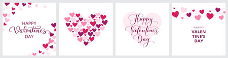 Set of Valentines day cards. Red and pink hearts pattern, frame. Heart symbol made of hearts. Hand written Valentine calligraphy. For Valentines Day banners, gift tags, party flyers, sale designs.のイラスト素材