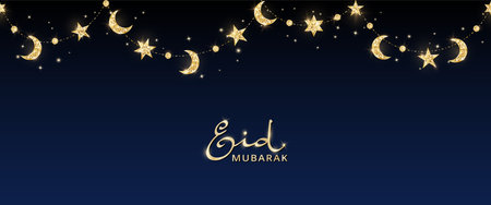 Eid mubarak banner with glitter decoration. Garland with hanging crescents and stars. Golden islamic ornaments. Muslim holidays border, frame. Ramadan or Al-Adha background.のイラスト素材