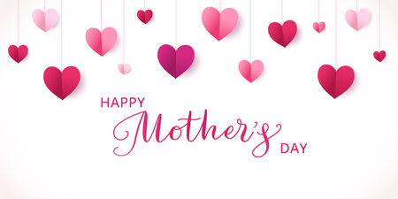 Mothers day banner. Pink paper hearts decoration. Mothers day calligraphy. Love frame, border. String ornaments on white background. Garland for wedding and valentines day. Vector.のイラスト素材