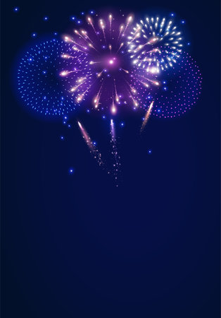 Vector shiny fireworks explosions. Pink, white and blue firecrackers. Holiday decoration for 4th of July, Christmas and New year party. Festive background for birthday invitations, wedding, diwali.のイラスト素材