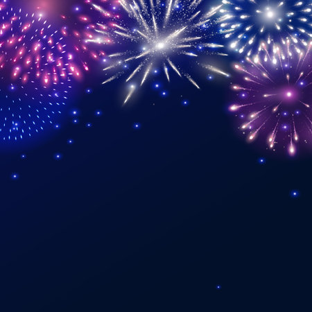 Vector shiny fireworks explosions. Pink, white and blue firecrackers. Holiday decoration for 4th of July, Christmas and New year party. Festive background for birthday invitations, wedding, diwali.のイラスト素材
