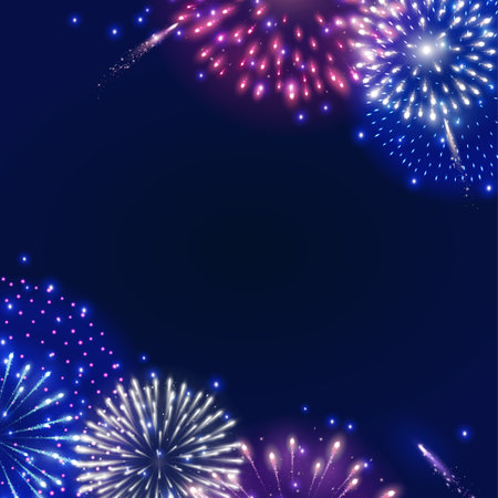Vector shiny fireworks explosions. Pink, white and blue firecrackers. Holiday decoration for 4th of July, Christmas and New year party. Festive background for birthday invitations, wedding, diwali.のイラスト素材