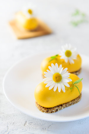 Sea buckthorn cashew cake on a white plate. Raw food dessert, vegetarian, vegan. Sugar free, gluten,...
