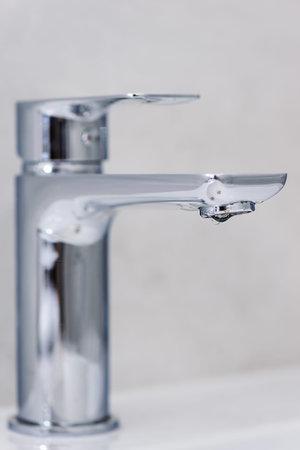 Faucet with a drop of water on a background of gray tiles. Hot water shutdown concept.