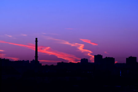 Sunset in an industrial zone-cloudless eveningの写真素材