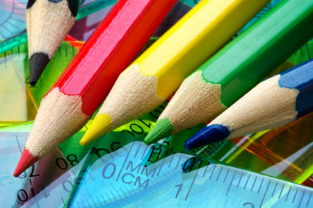 Set of color pencils and rulersの写真素材