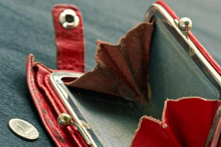 Shabby purse with last coinの写真素材