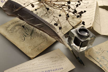 Ink and feather pen-retro attributes of romantic creativityの写真素材