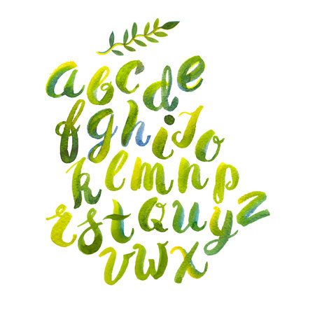 Hand drawn watercolor alphabet made with brush-shades and smears of spring leaves and flowersのイラスト素材