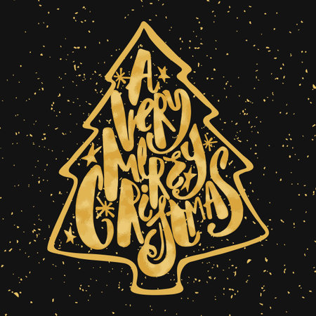 Festive calligraphy brushpen ink drawn lettering Christmas tree. Artistic design, greeting cards, invitations, posters, banners, seasonal greetings illustrations.のイラスト素材