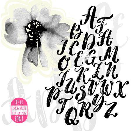 Hand made brush and ink typeface. Handwritten retro textured grunge alphabet with hand drawn ink flower and letter pattern. Artistic design for invitations, posters, banners, greetings illustrations.のイラスト素材
