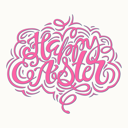 Happy Easter inspirational quote handwritten with black ink and brush, custom lettering for posters, t-shirts and cards. Vector calligraphy on pink watercolor strokes background.のイラスト素材