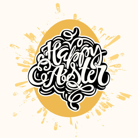 Happy Easter inspirational quote handwritten with black ink and brush, custom lettering for posters, t-shirts and cards. Vector calligraphy on pink watercolor strokes background.のイラスト素材