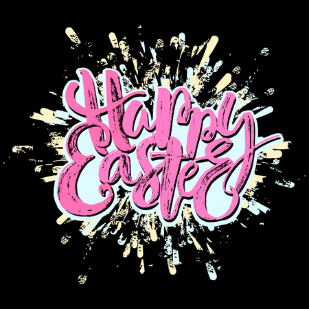 Happy Easter inspirational quote handwritten with black ink and brush, custom lettering for posters, t-shirts and cards. Vector calligraphy on pink watercolor strokes background.のイラスト素材