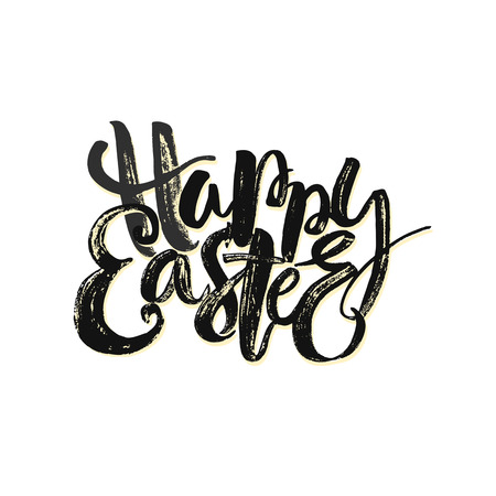 Happy Easter inspirational quote handwritten with black ink and brush, custom lettering for posters, t-shirts and cards. Vector calligraphy on pink watercolor strokes background.のイラスト素材