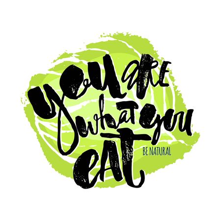 Fresh and 100% natural food concept hand lettering motivation poster. Natural and eco-friendly nutrition promotion sign. Modern brush calligraphy for a posters, banners, seasonal sale cards.のイラスト素材