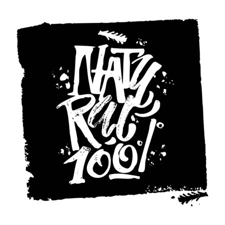 Fresh and 100% natural food concept hand lettering motivation poster. Natural and eco-friendly nutrition promotion sign. Modern brush calligraphy for a posters, banners, seasonal sale cards.のイラスト素材