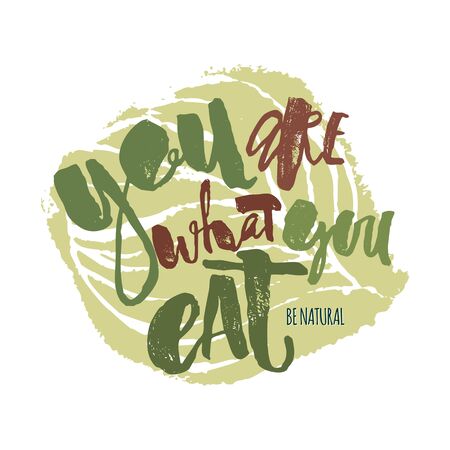 Fresh and 100% natural food concept hand lettering motivation poster. Natural and eco-friendly nutrition promotion sign. Modern brush calligraphy for a posters, banners, seasonal sale cards.のイラスト素材