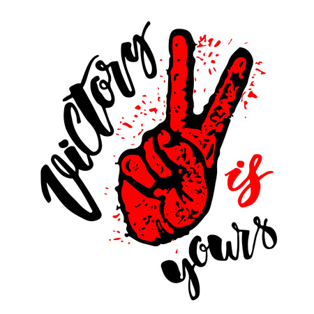 Victory sign. Victory is yours concept hand lettering motivation poster. Artistic modern brush calligraphy design for greeting cards, invitations, posters, banners, t-shorts, seasonal greetings illustrations.のイラスト素材