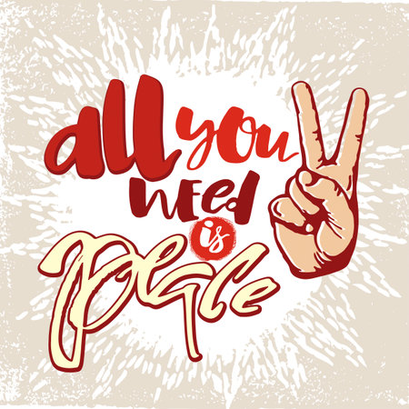 Peace hand drawn linotype made symbol. Concept hand lettering motivation poster. Artistic modern brush calligraphy design for greeting cards, invitations, posters, banners, t-shorts, seasonal greetings illustrations.のイラスト素材