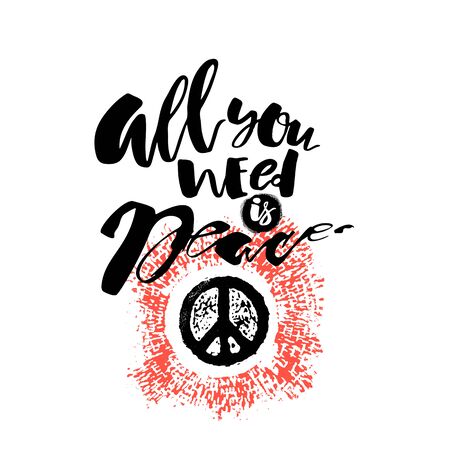 Peace hand drawn linotype made symbol. Concept hand lettering motivation poster. Artistic modern brush calligraphy design for greeting cards, invitations, posters, banners, t-shorts, seasonal greetings illustrations.のイラスト素材