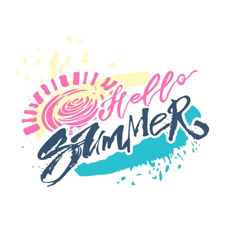 Hello summer hand lettering ink drawn motivation poster. Artistic modern brush calligraphy designのイラスト素材