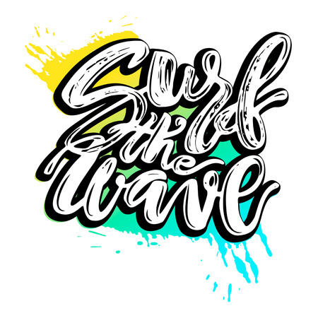 Surf the wave-summer sea ocean vacation travel hand drawn motivation poster.Artistic modern brush calligraphy design for a logo, greeting cards, invitations, posters, banners, t-shorts.のイラスト素材